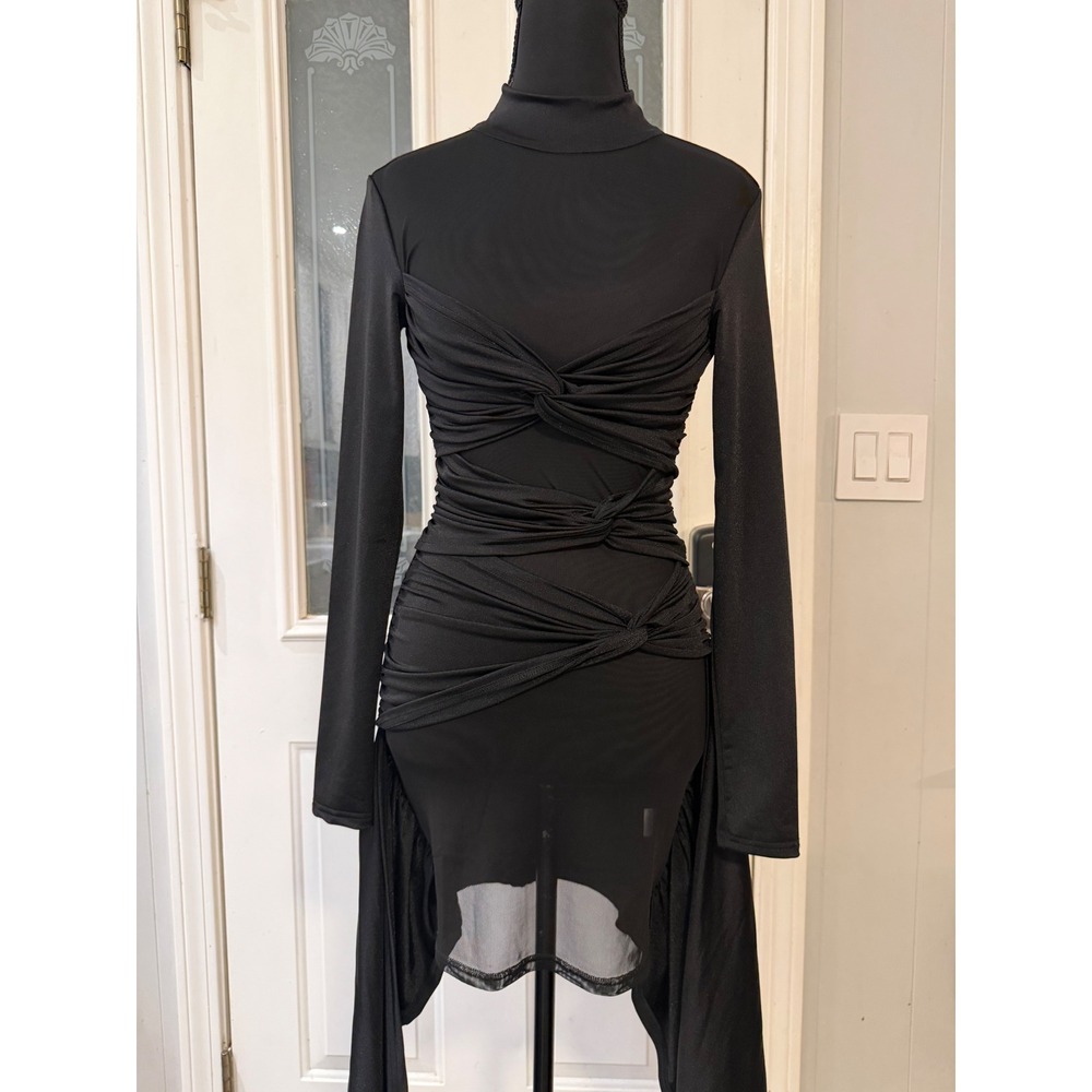 Cherry Mellow Hot Miami Styles Black Ruched Mock Neck Mini Dress Long Drapes S